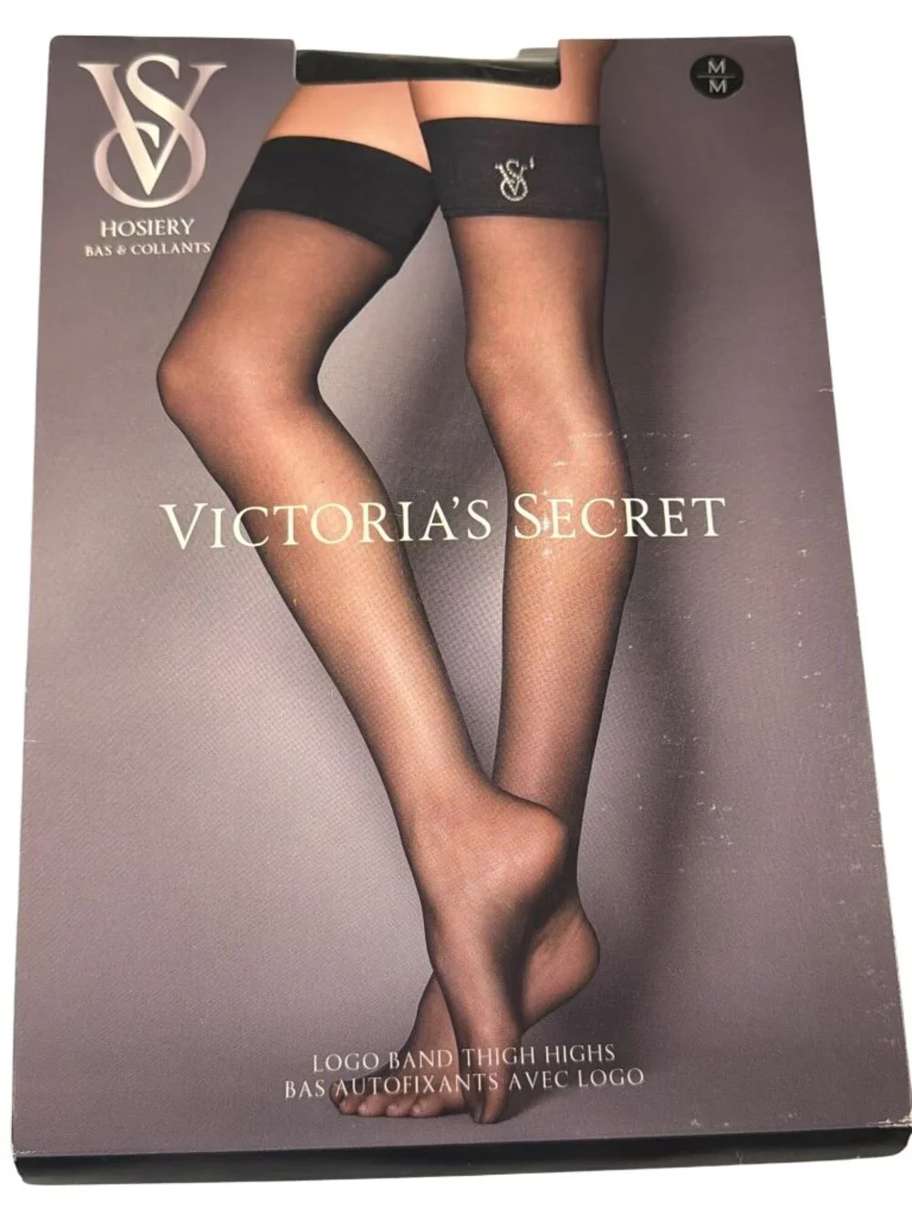 Victoria's Secret Crystal Logo Band Black Thigh Highs 20 Denier Hosiery Medium
